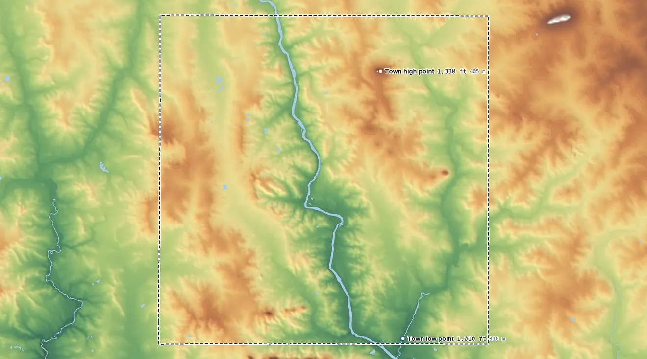 Topographic elevation map of Town of Weston, Wisconsin, shaded from 1,010 ft on the south side to 1,330 ft on Christie Mound
