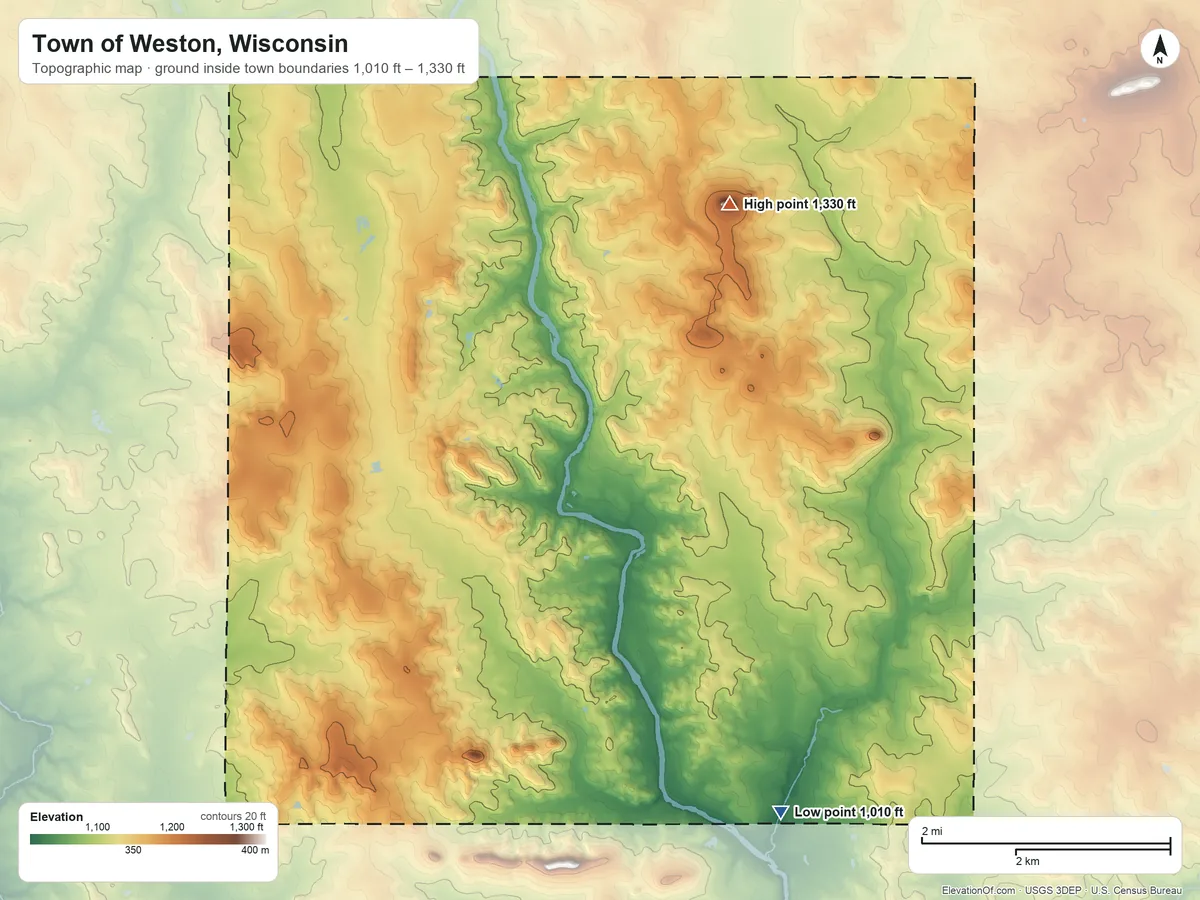 Topographic elevation map of Town of Weston, Wisconsin, shaded from 1,010 ft on the south side to 1,330 ft on Christie Mound