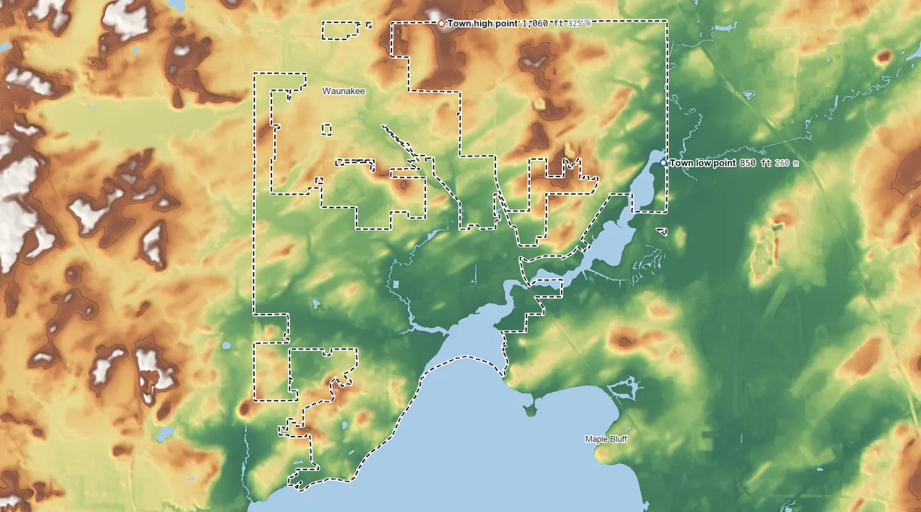 Topographic elevation map of Westport, Wisconsin, shaded from 850 ft on the northeast side to 1,060 ft on the north side