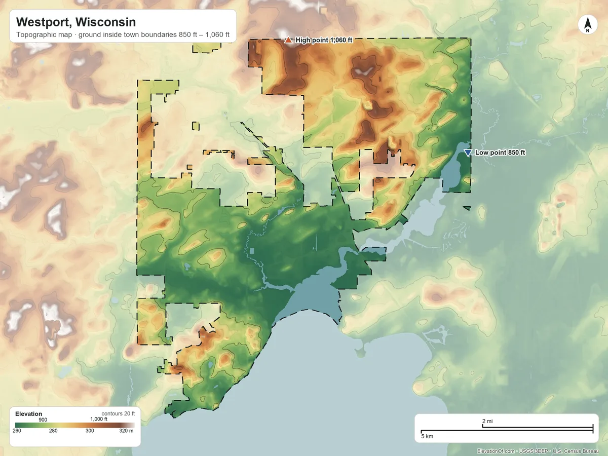 Topographic elevation map of Westport, Wisconsin, shaded from 850 ft on the northeast side to 1,060 ft on the north side