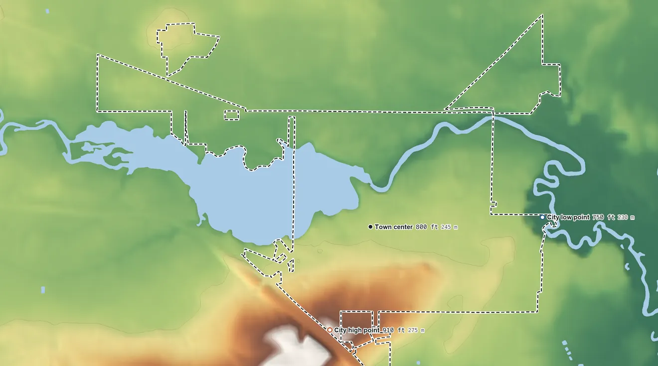 Topographic elevation map of Weyauwega, Wisconsin, shaded from 750 ft on the east side to 910 ft on the south side