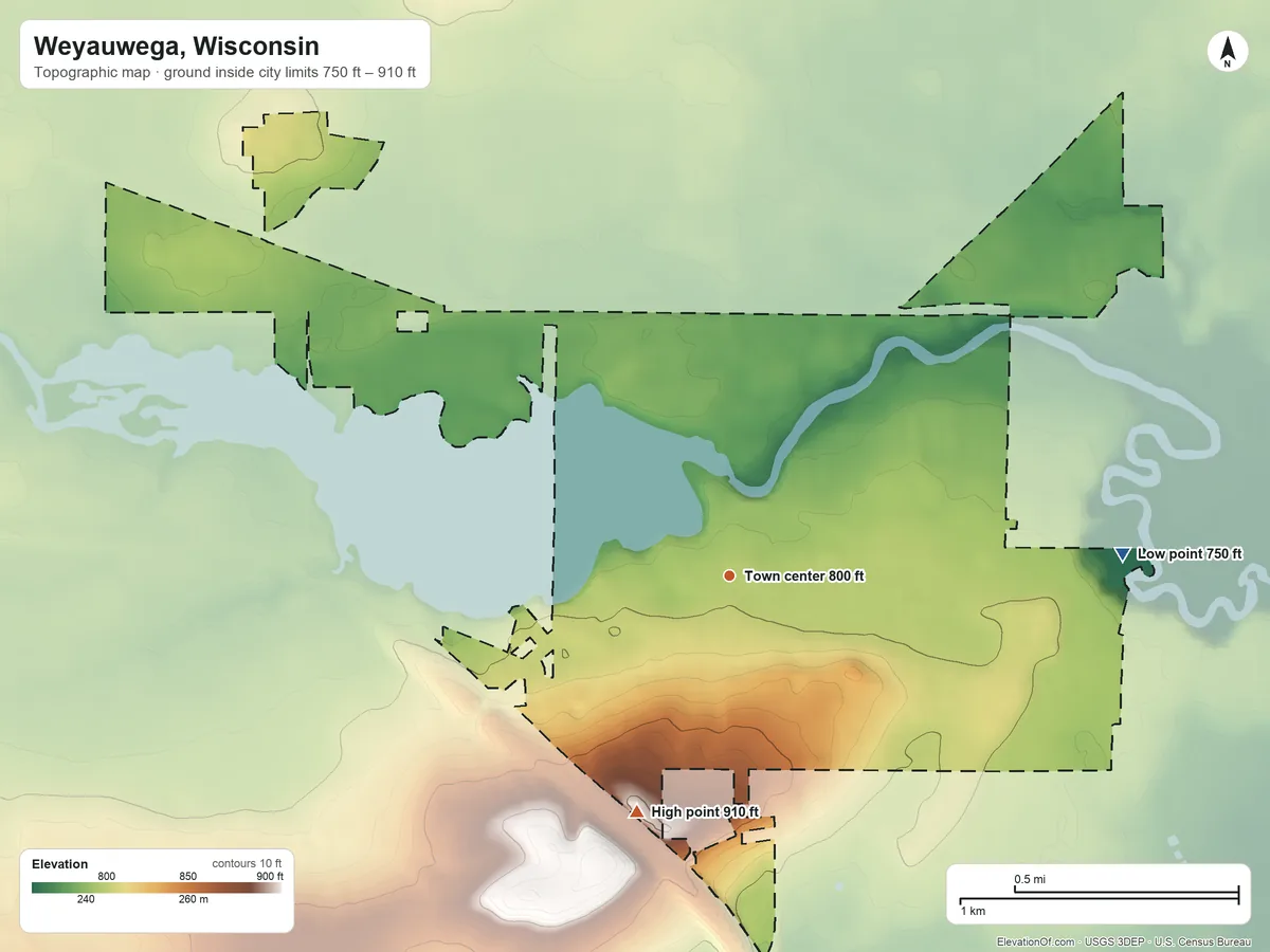 Topographic elevation map of Weyauwega, Wisconsin, shaded from 750 ft on the east side to 910 ft on the south side