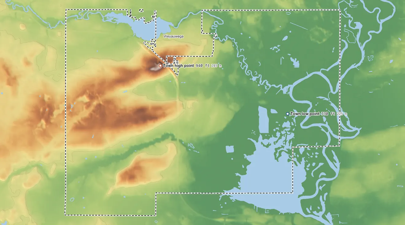 Topographic elevation map of Town of Weyauwega, Wisconsin, shaded from 730 ft on the east side to 940 ft on the north side