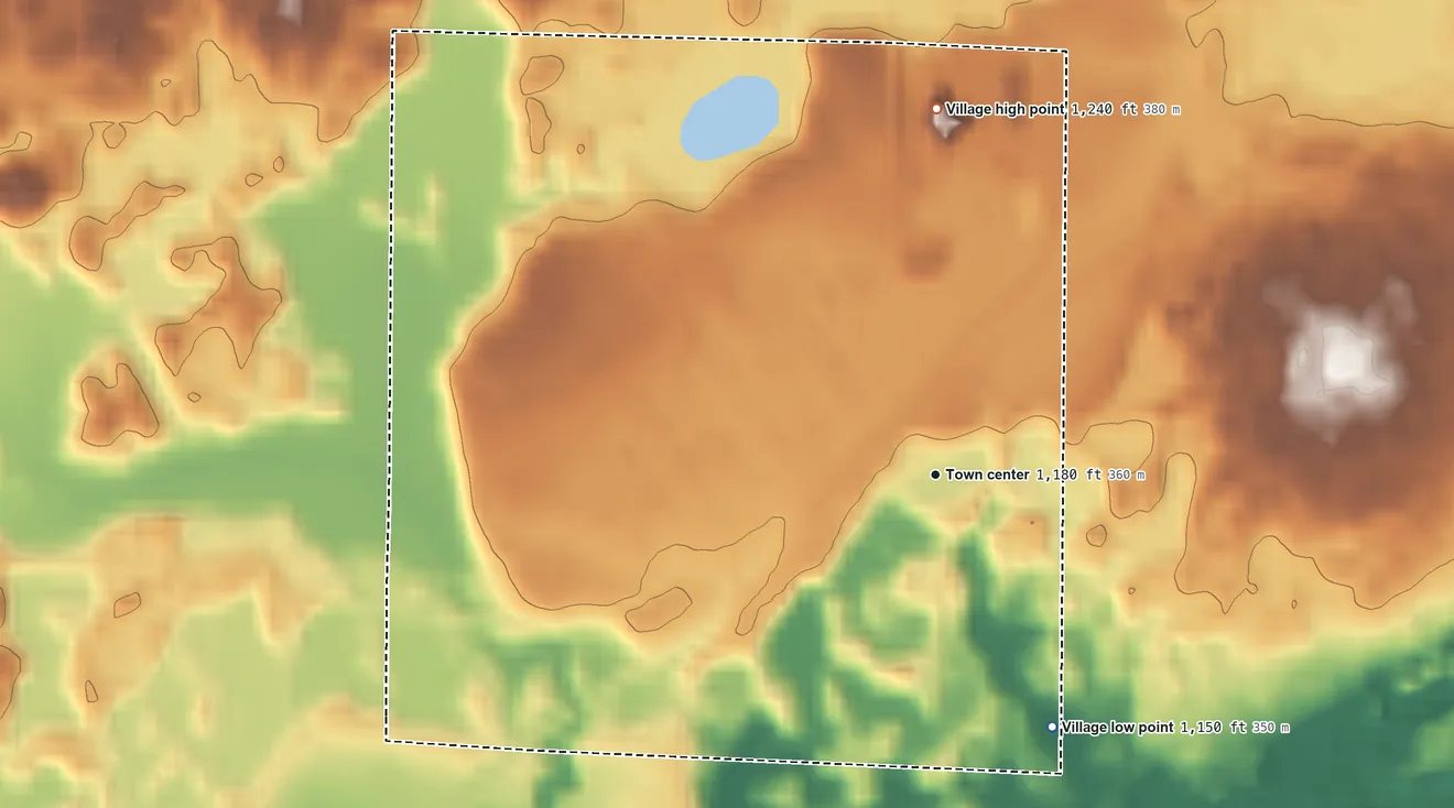 Topographic elevation map of Weyerhaeuser, Wisconsin, shaded from 1,150 ft on the southeast side to 1,240 ft on the north side