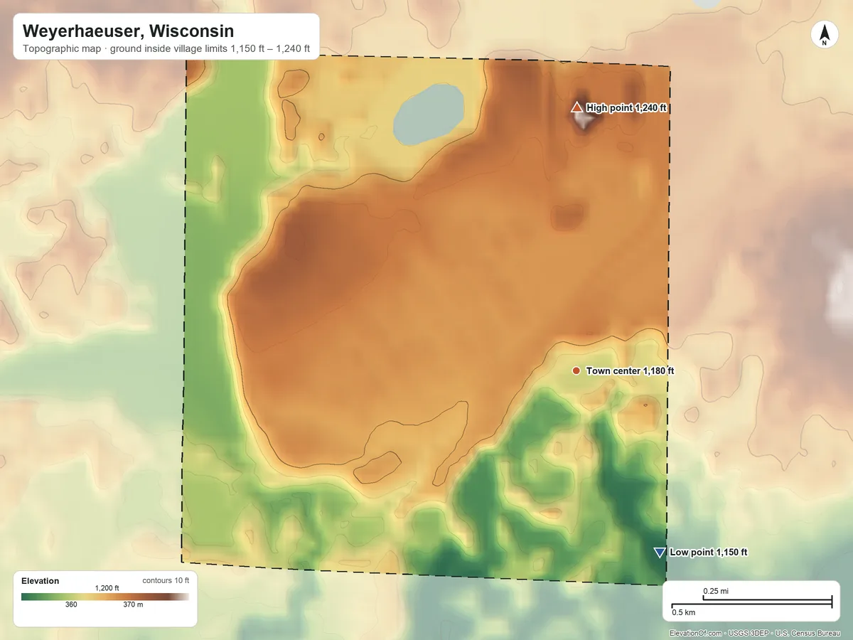 Topographic elevation map of Weyerhaeuser, Wisconsin, shaded from 1,150 ft on the southeast side to 1,240 ft on the north side