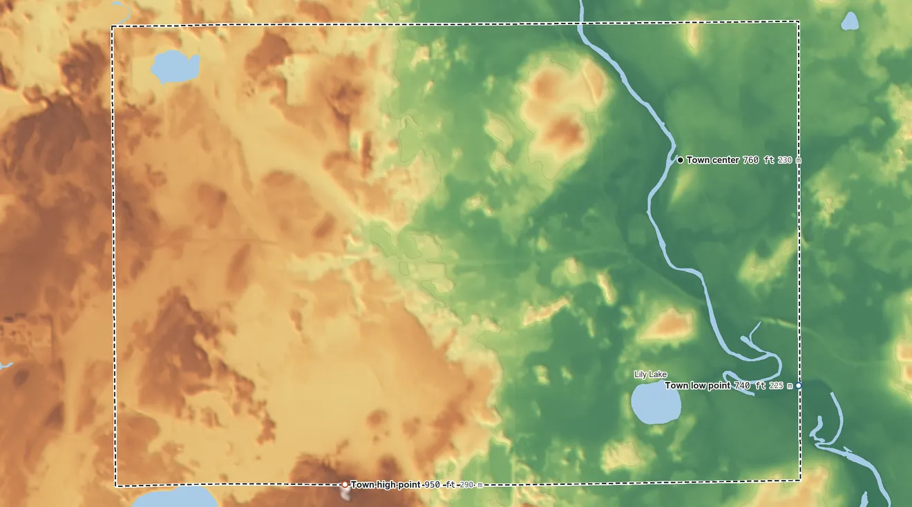 Topographic elevation map of Wheatland, Wisconsin, shaded from 740 ft on the southeast side to 950 ft on the southwest side