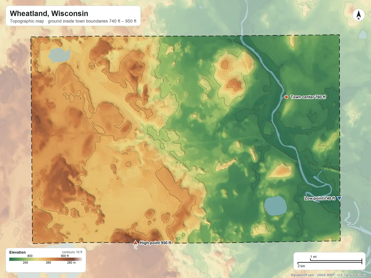 Topographic elevation map of Wheatland, Wisconsin, shaded from 740 ft on the southeast side to 950 ft on the southwest side