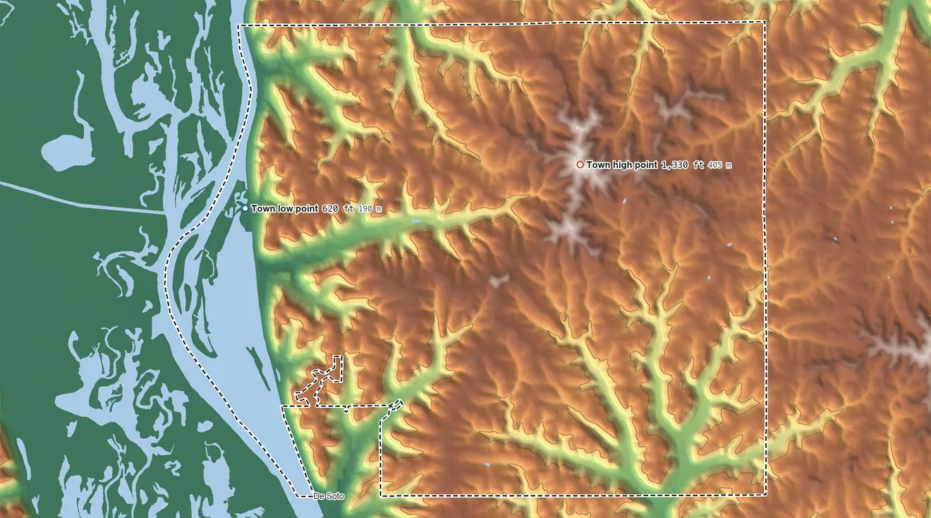 Topographic elevation map of Wheatland, Vernon County, Wisconsin, shaded from 620 ft on the west side to 1,330 ft on the east side