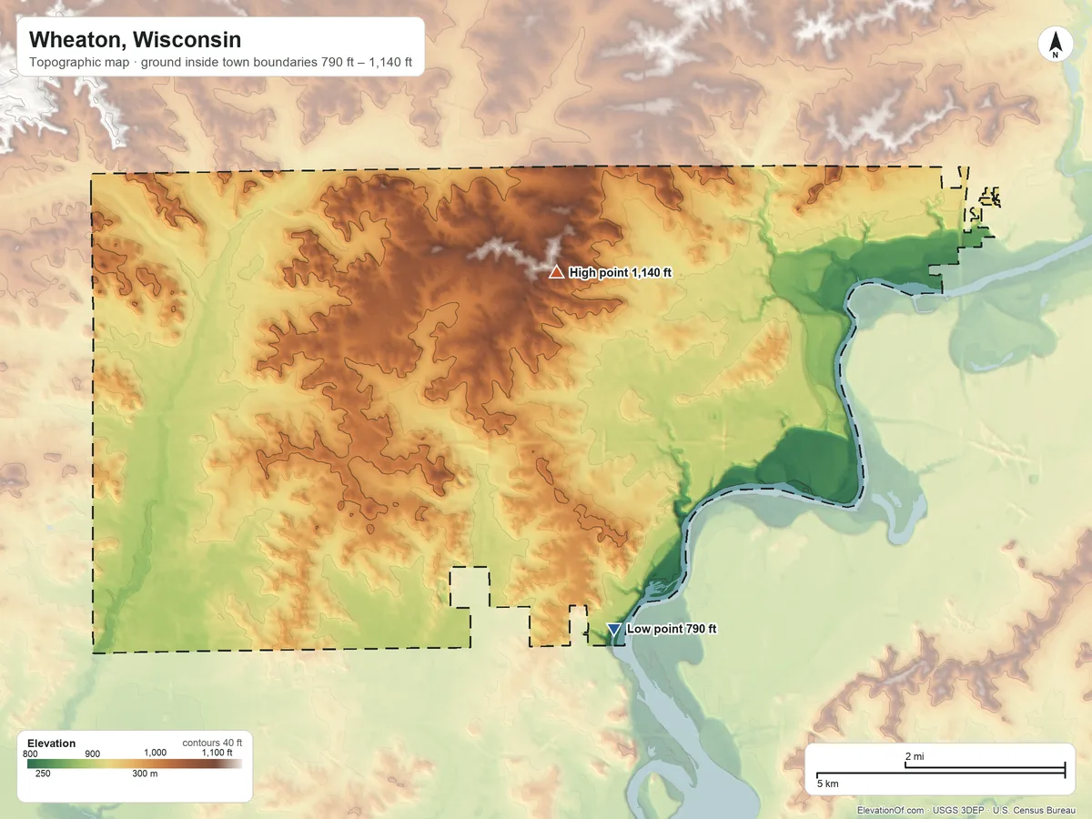 Topographic elevation map of Wheaton, Wisconsin, shaded from 790 ft on the southeast side to 1,140 ft on the northeast side