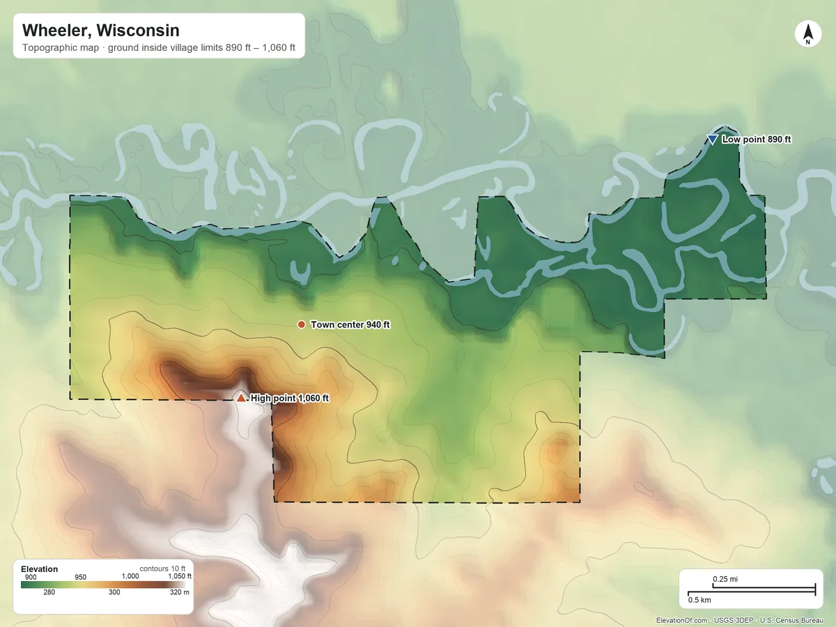 Topographic elevation map of Wheeler, Wisconsin, shaded from 890 ft on the northeast side to 1,060 ft on the southwest side