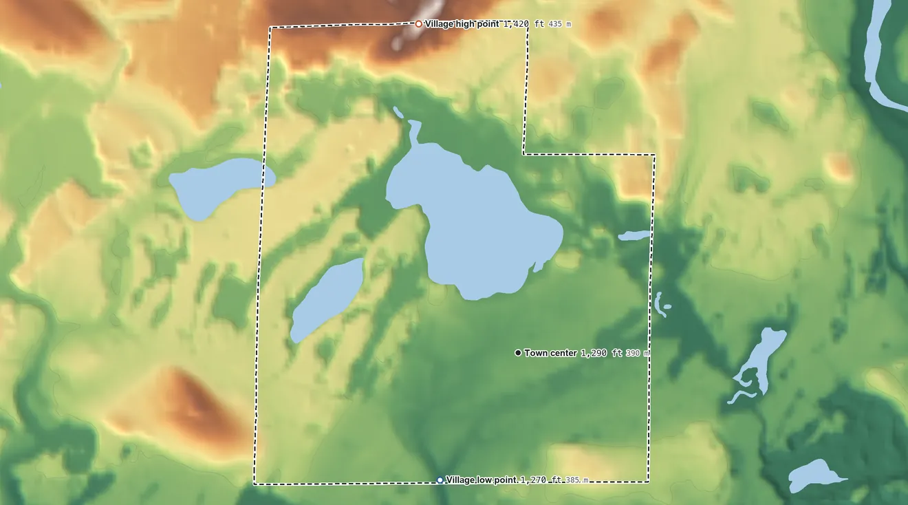 Topographic elevation map of White Lake, Wisconsin, shaded from 1,270 ft on the southwest side to 1,420 ft on the north side