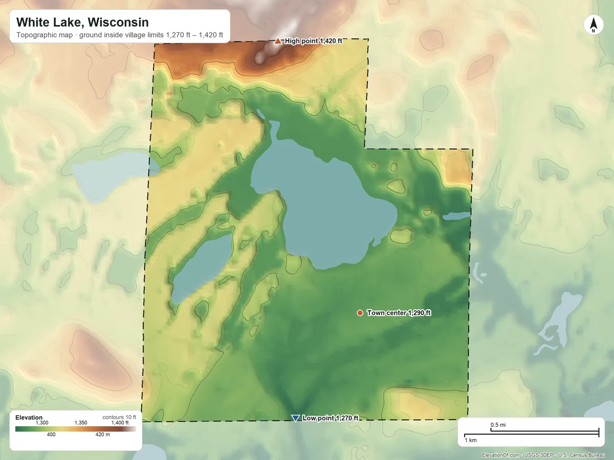 Topographic elevation map of White Lake, Wisconsin, shaded from 1,270 ft on the southwest side to 1,420 ft on the north side