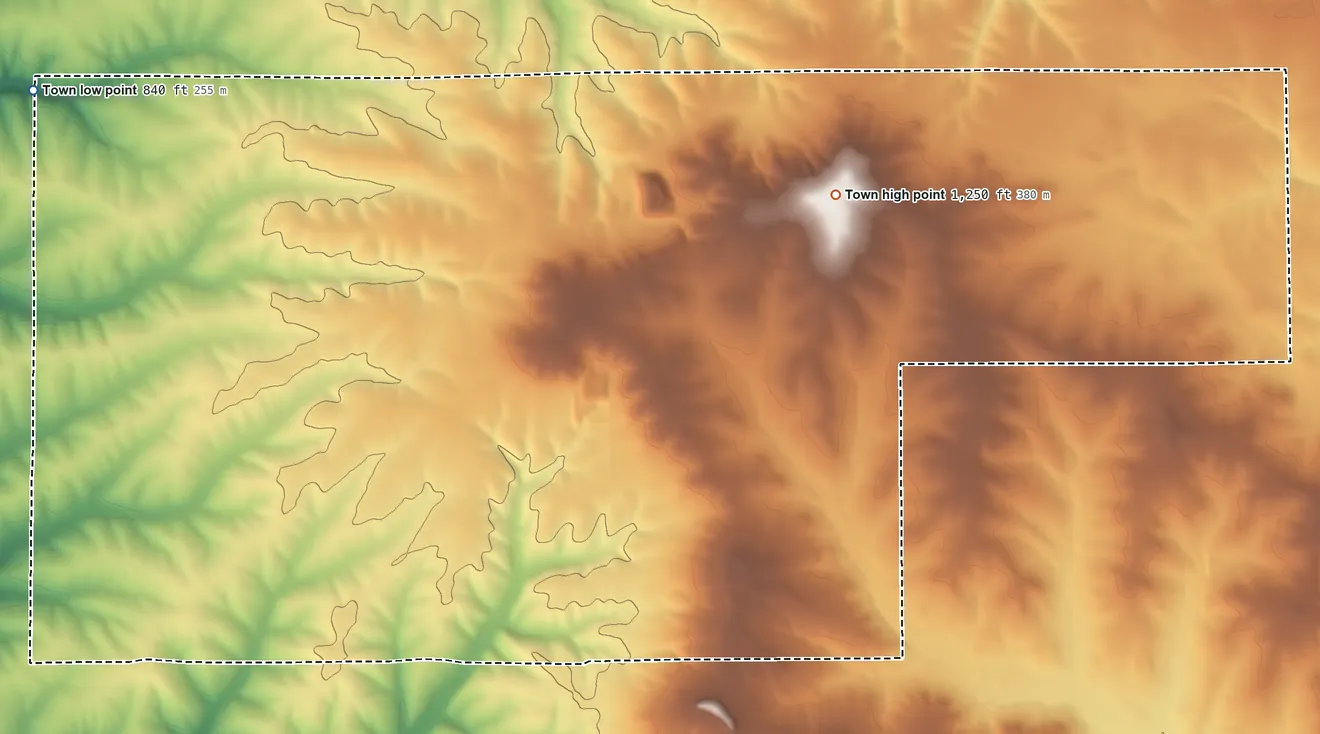 Topographic elevation map of White Oak Springs, Wisconsin, shaded from 840 ft on the northwest side to 1,250 ft on White Hill