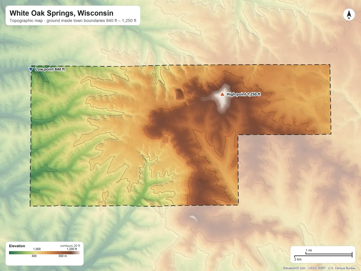 Topographic elevation map of White Oak Springs, Wisconsin, shaded from 840 ft on the northwest side to 1,250 ft on White Hill