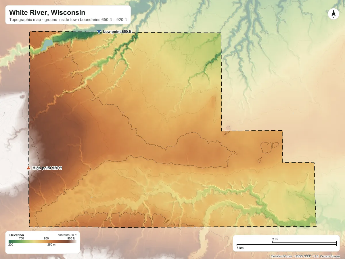 Topographic elevation map of White River, Wisconsin, shaded from 650 ft on the north side to 920 ft on the west side