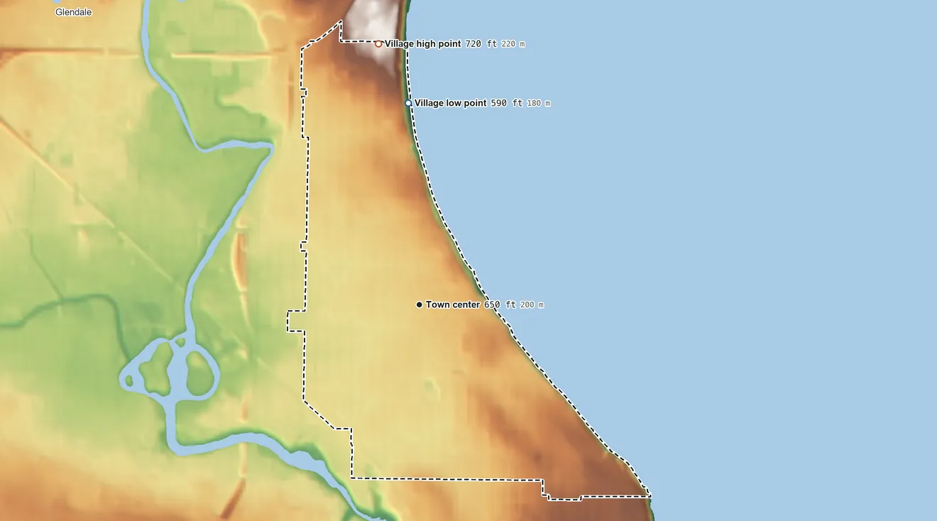 Topographic elevation map of Whitefish Bay, Wisconsin, shaded from 590 ft on the north side to 720 ft on the north side