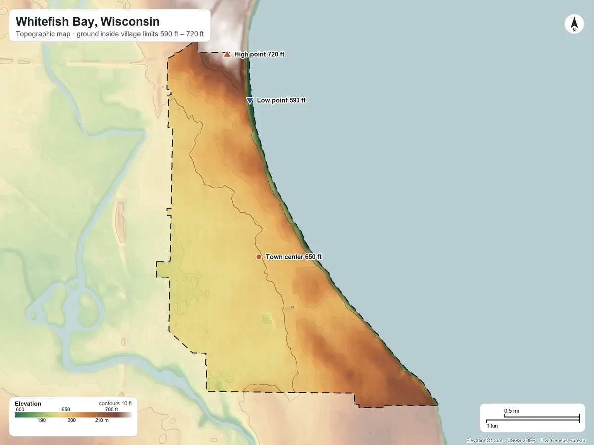 Topographic elevation map of Whitefish Bay, Wisconsin, shaded from 590 ft on the north side to 720 ft on the north side