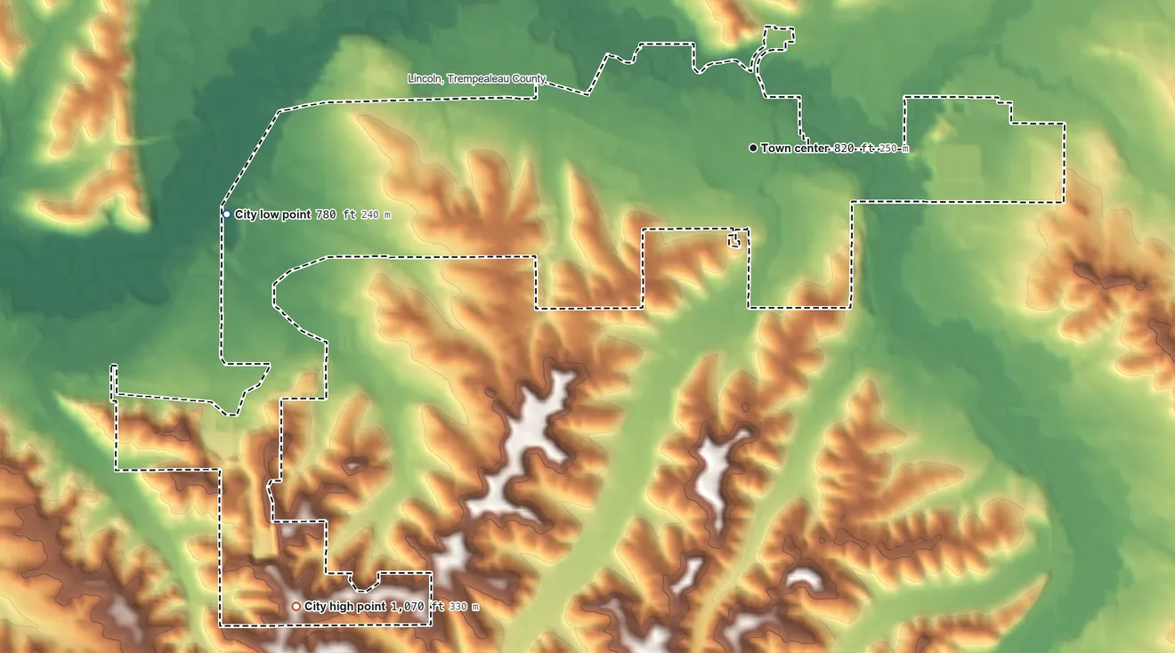 Topographic elevation map of Whitehall, Wisconsin, shaded from 780 ft on the west side to 1,070 ft on the southwest side