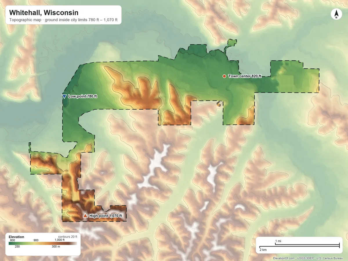 Topographic elevation map of Whitehall, Wisconsin, shaded from 780 ft on the west side to 1,070 ft on the southwest side