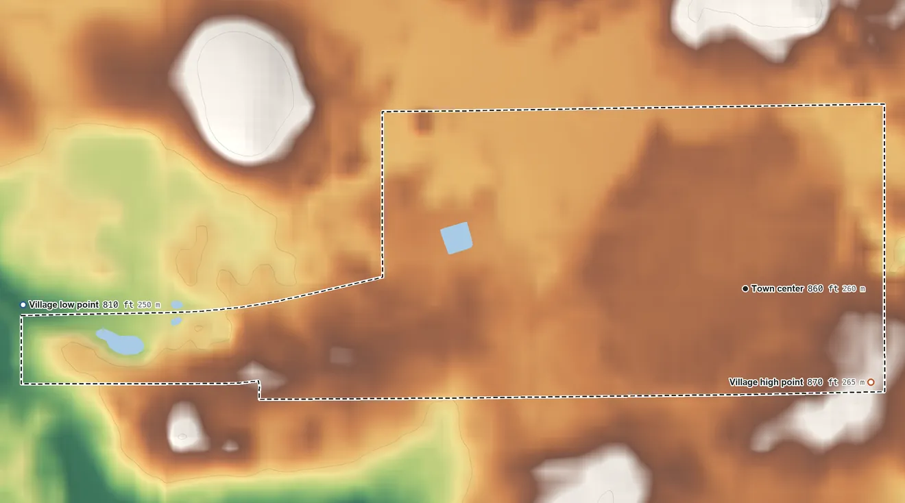 Topographic elevation map of Whitelaw, Wisconsin, shaded from 810 ft on the west side to 870 ft on the southeast side