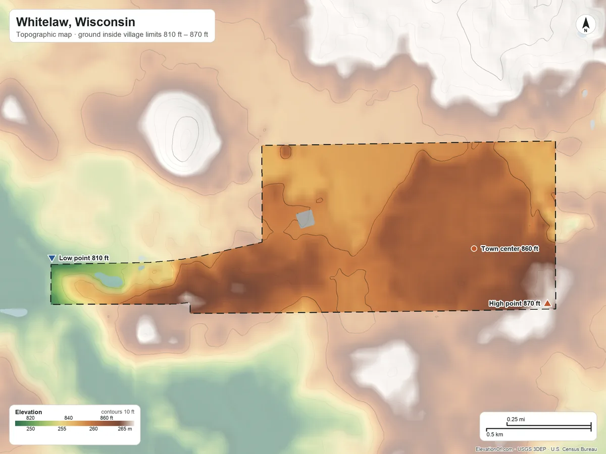 Topographic elevation map of Whitelaw, Wisconsin, shaded from 810 ft on the west side to 870 ft on the southeast side