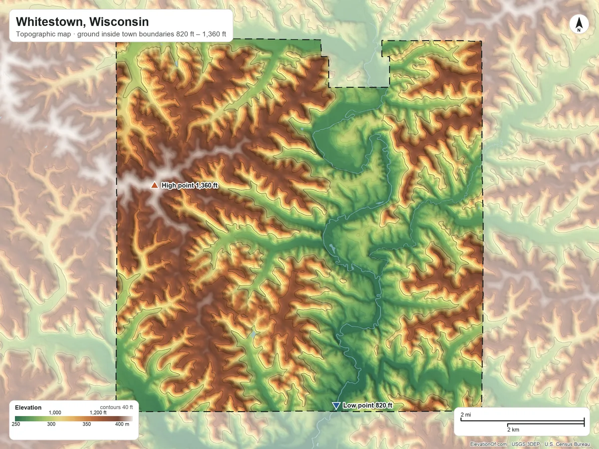 Topographic elevation map of Whitestown, Wisconsin, shaded from 820 ft on the southeast side to 1,360 ft on the west side