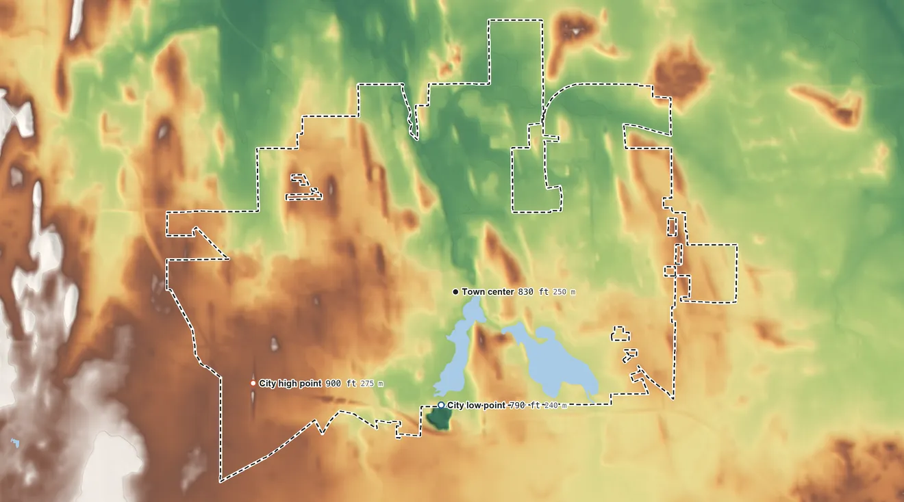 Topographic elevation map of Whitewater, Wisconsin, shaded from 790 ft on the south side to 900 ft on the southwest side