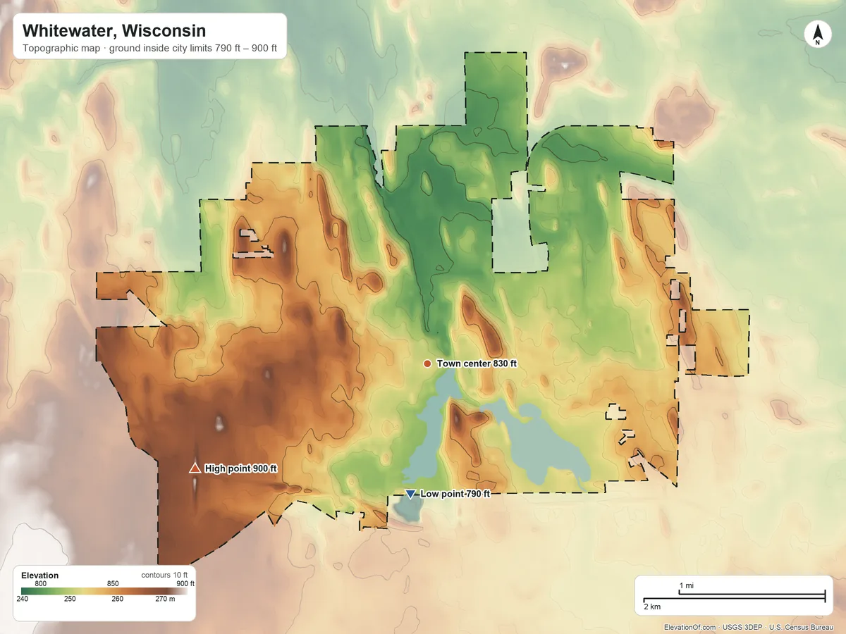 Topographic elevation map of Whitewater, Wisconsin, shaded from 790 ft on the south side to 900 ft on the southwest side