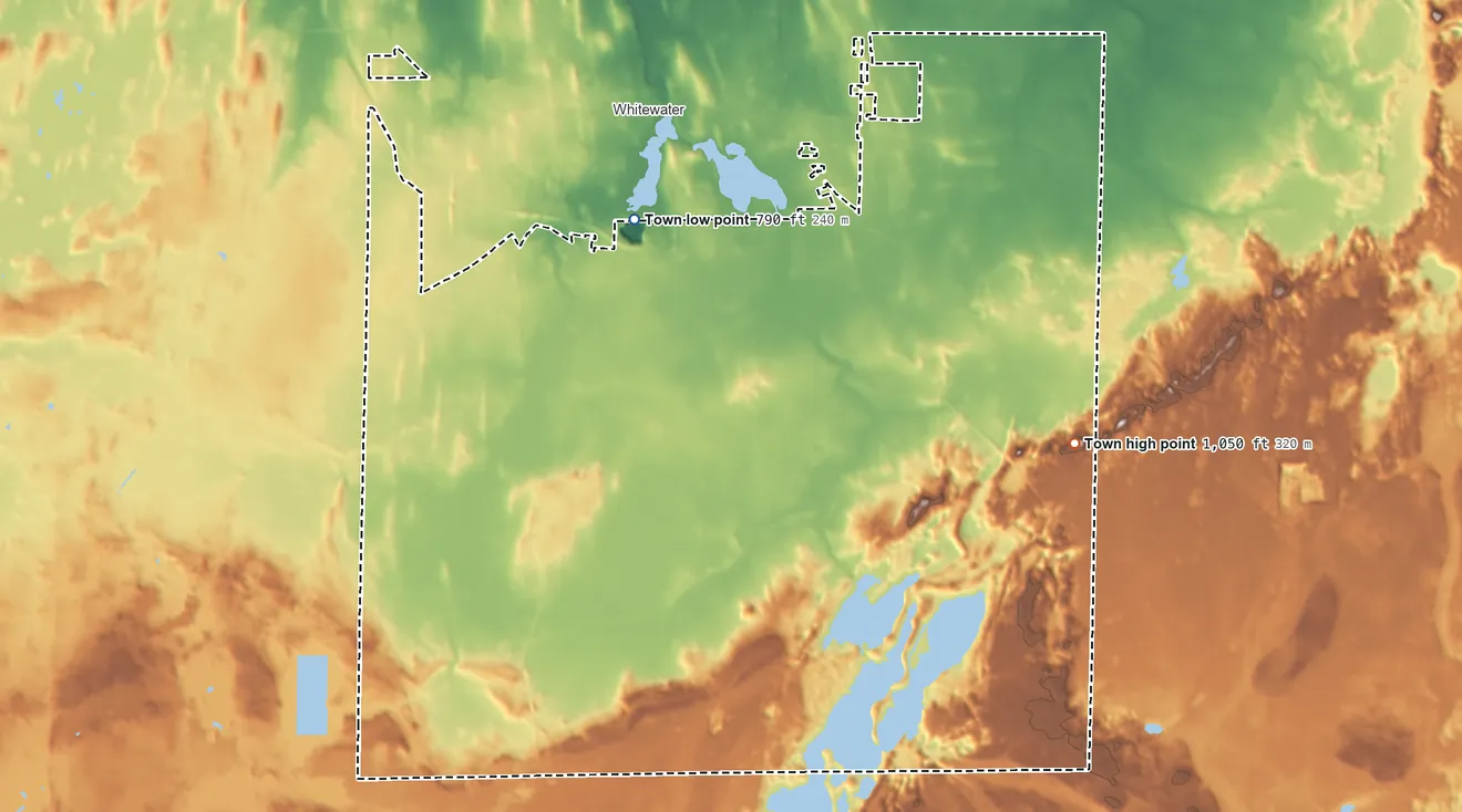 Topographic elevation map of Town of Whitewater, Wisconsin, shaded from 790 ft on the northwest side to 1,050 ft on the east side