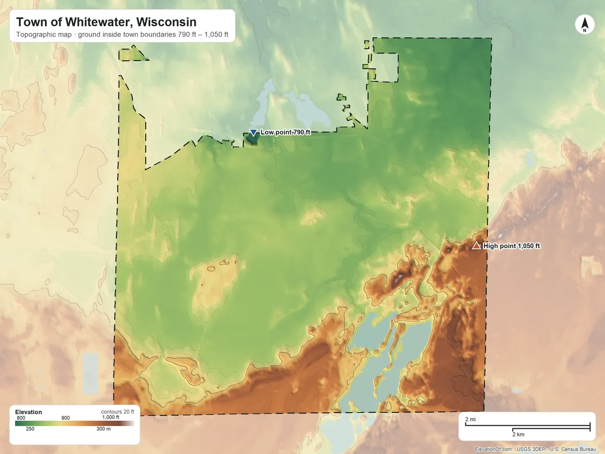 Topographic elevation map of Town of Whitewater, Wisconsin, shaded from 790 ft on the northwest side to 1,050 ft on the east side