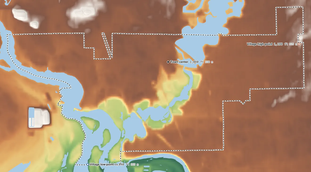 Topographic elevation map of Whiting, Wisconsin, shaded from 1,040 ft on the southwest side to 1,100 ft on the east side