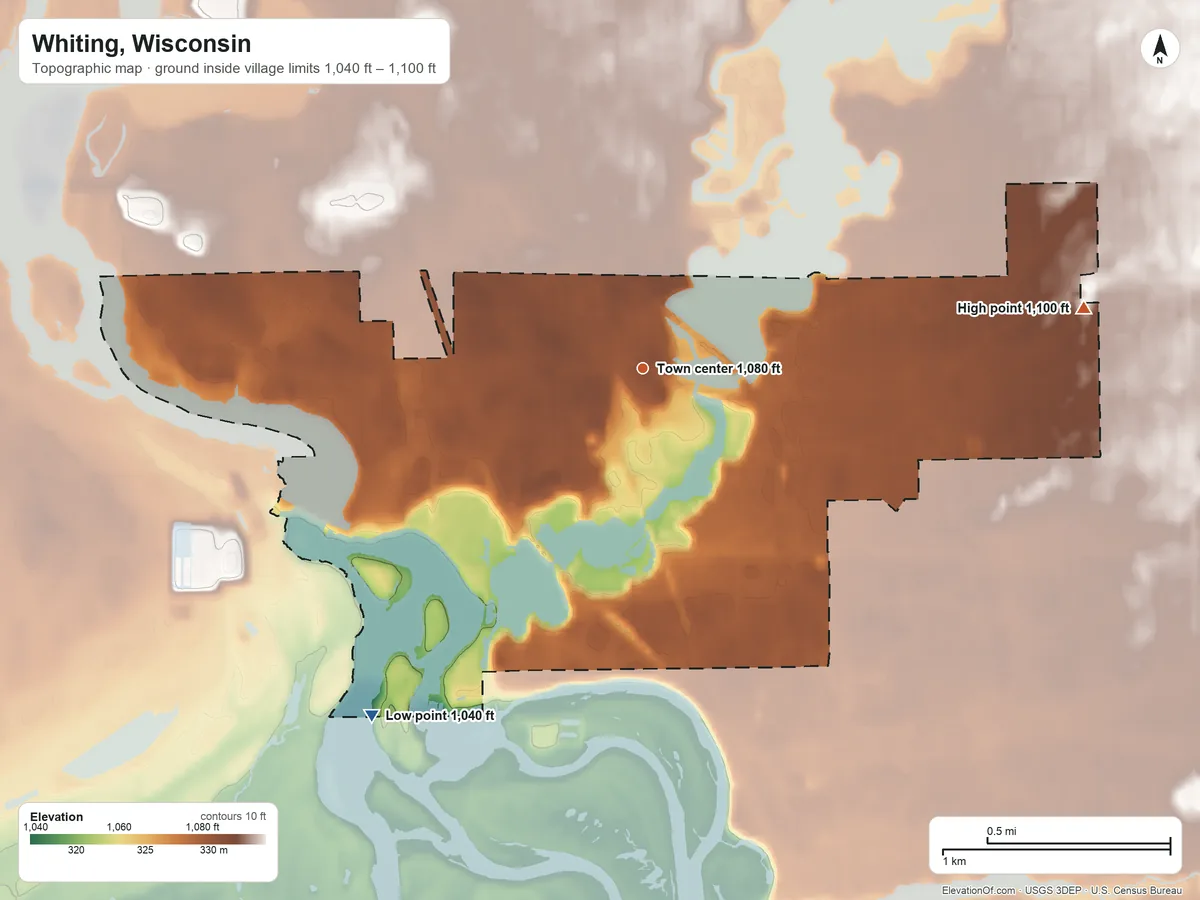 Topographic elevation map of Whiting, Wisconsin, shaded from 1,040 ft on the southwest side to 1,100 ft on the east side