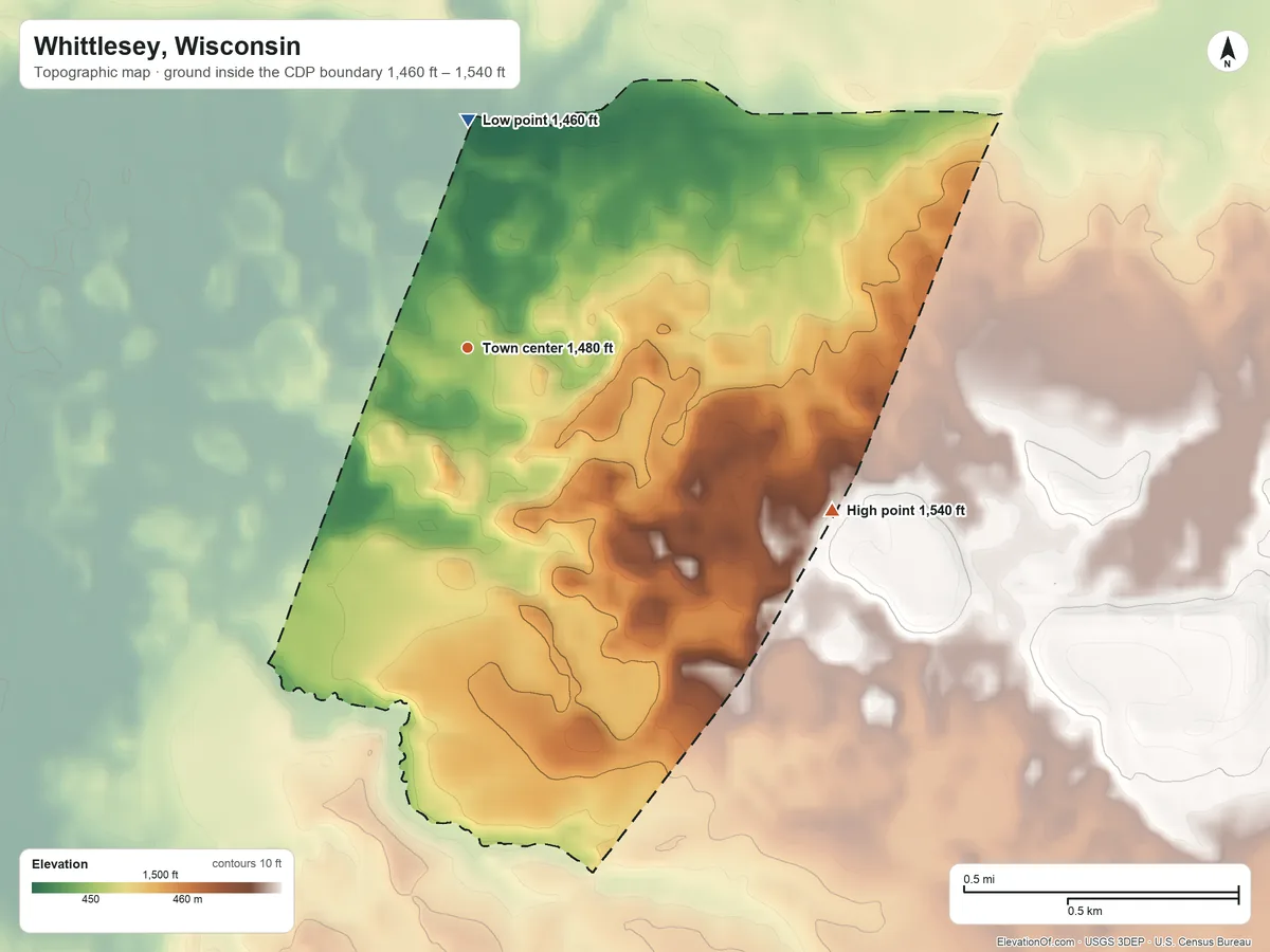 Topographic elevation map of Whittlesey, Wisconsin, shaded from 1,460 ft on the north side to 1,540 ft on the southeast side