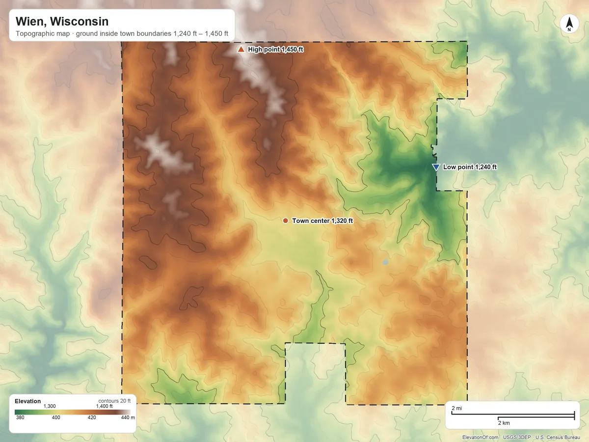 Topographic elevation map of Wien, Wisconsin, shaded from 1,240 ft on the east side to 1,450 ft on the north side