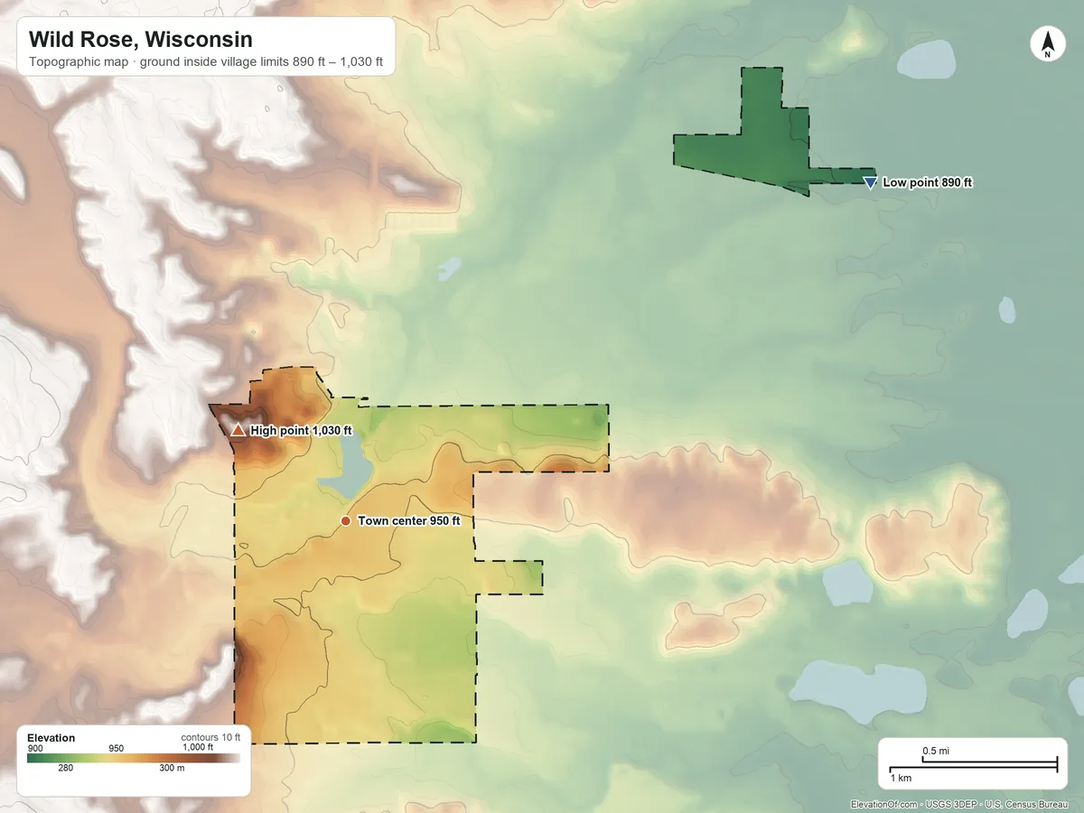 Topographic elevation map of Wild Rose, Wisconsin, shaded from 890 ft on the northeast side to 1,030 ft on the northwest side