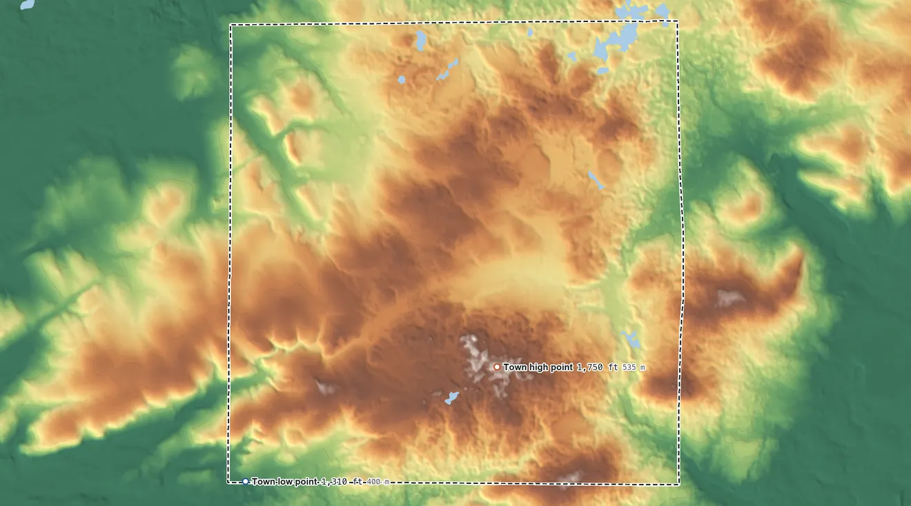 Topographic elevation map of Wilkinson, Wisconsin, shaded from 1,310 ft on the southwest side to 1,750 ft near the middle