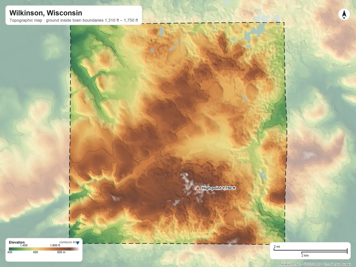 Topographic elevation map of Wilkinson, Wisconsin, shaded from 1,310 ft on the southwest side to 1,750 ft near the middle