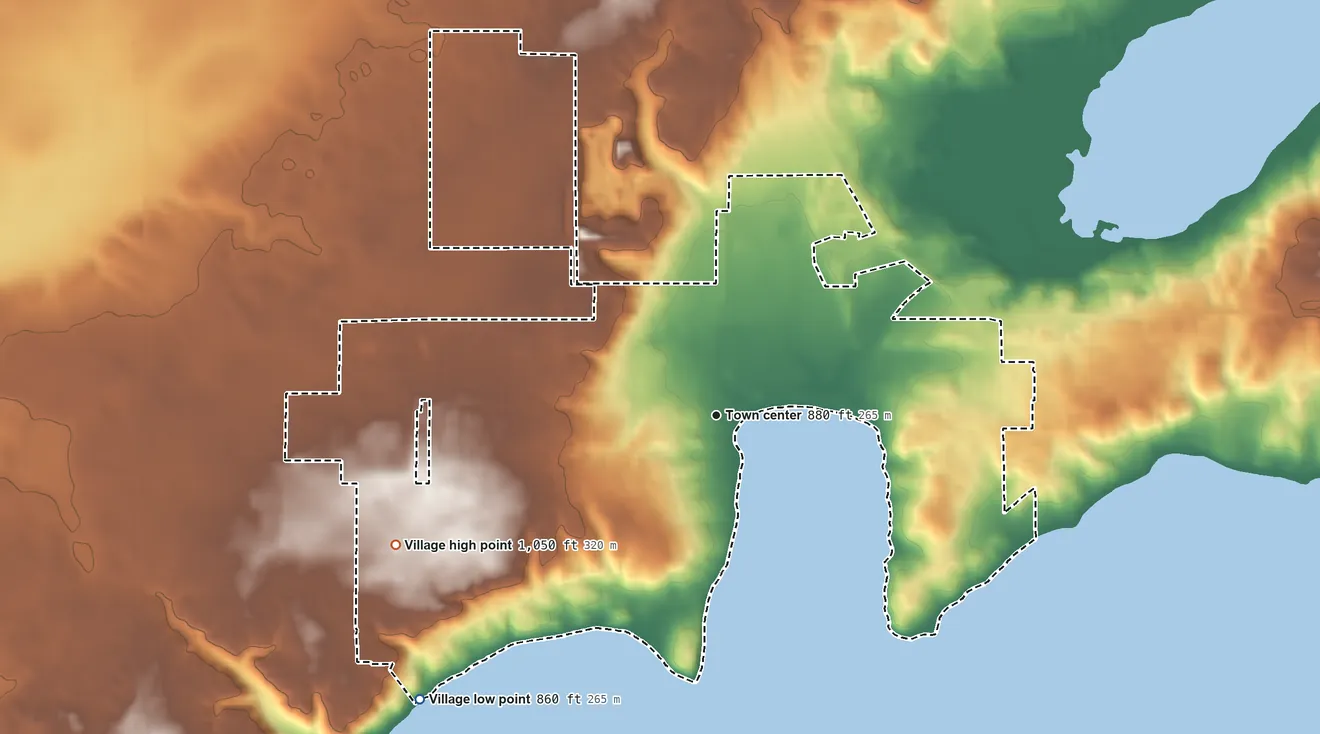 Topographic elevation map of Williams Bay, Wisconsin, shaded from 860 ft on the southwest side to 1,050 ft on the west side