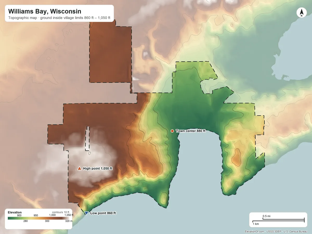 Topographic elevation map of Williams Bay, Wisconsin, shaded from 860 ft on the southwest side to 1,050 ft on the west side