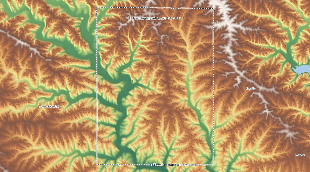 Topographic elevation map of Willow Springs, Wisconsin, shaded from 810 ft on the south side to 1,120 ft on the north side
