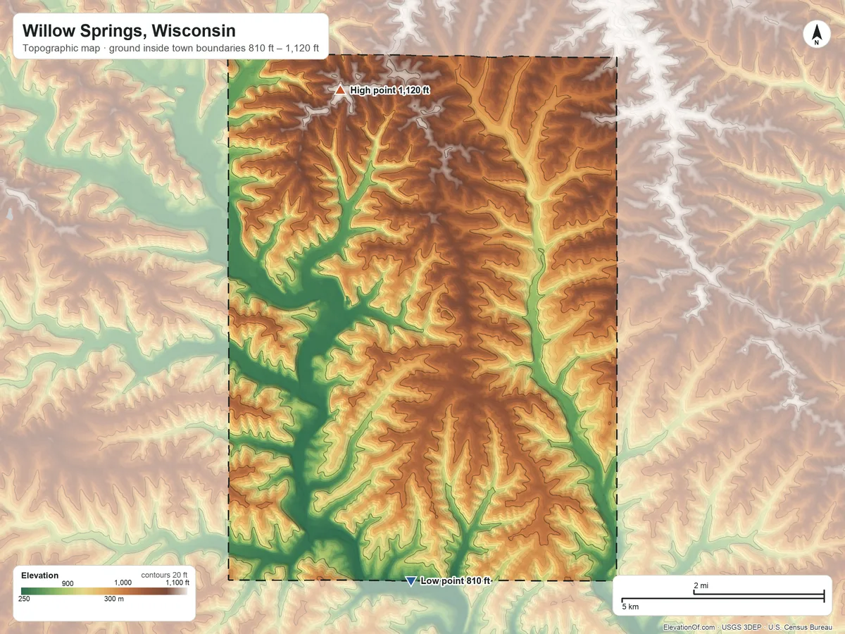 Topographic elevation map of Willow Springs, Wisconsin, shaded from 810 ft on the south side to 1,120 ft on the north side