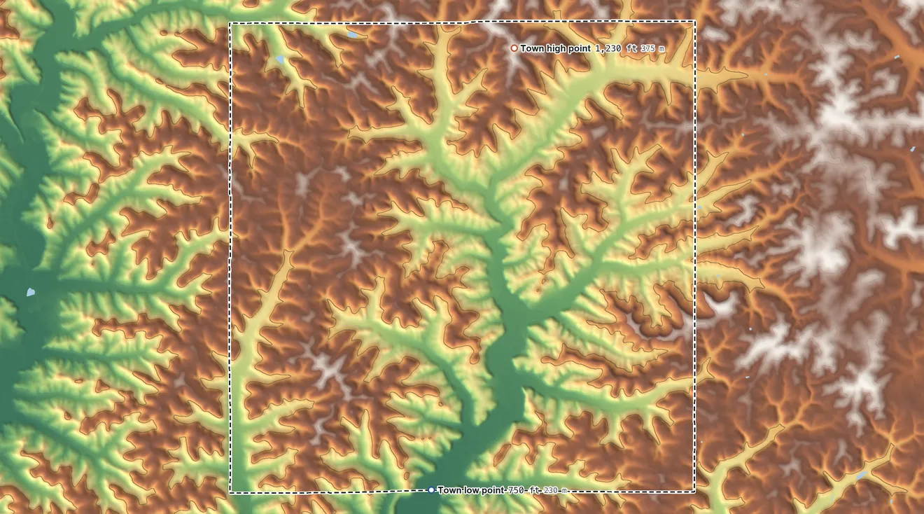 Topographic elevation map of Willow, Wisconsin, shaded from 750 ft on the south side to 1,230 ft on the north side