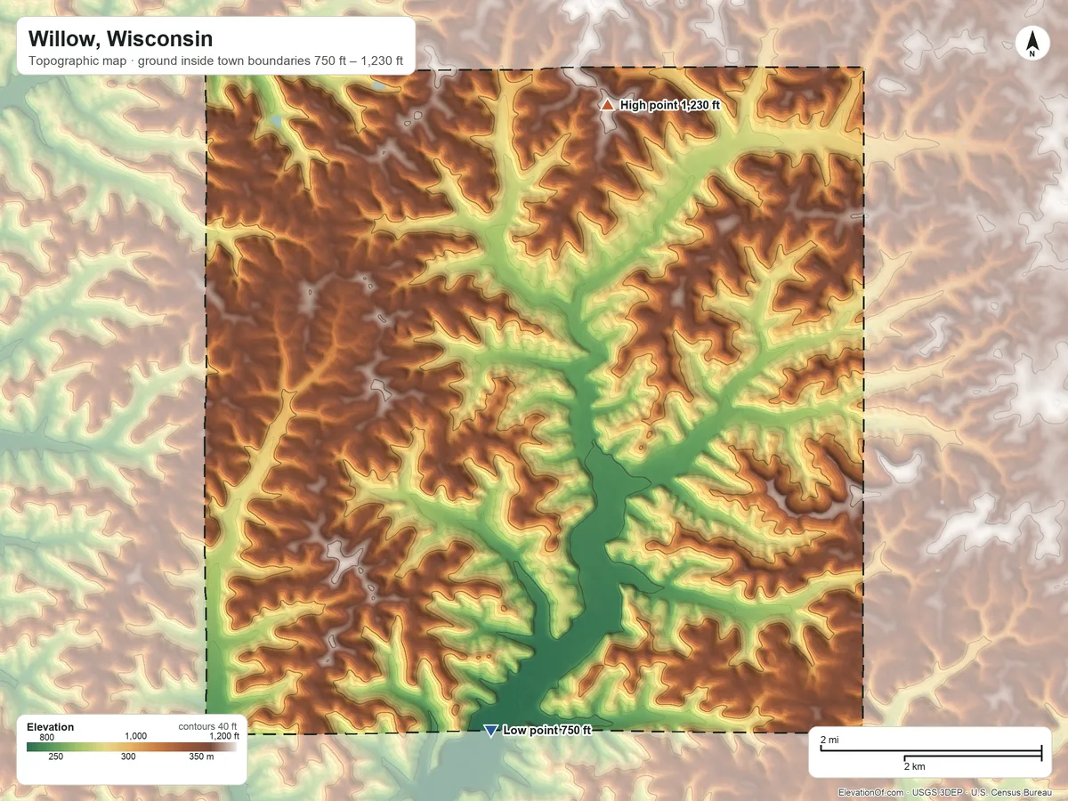 Topographic elevation map of Willow, Wisconsin, shaded from 750 ft on the south side to 1,230 ft on the north side