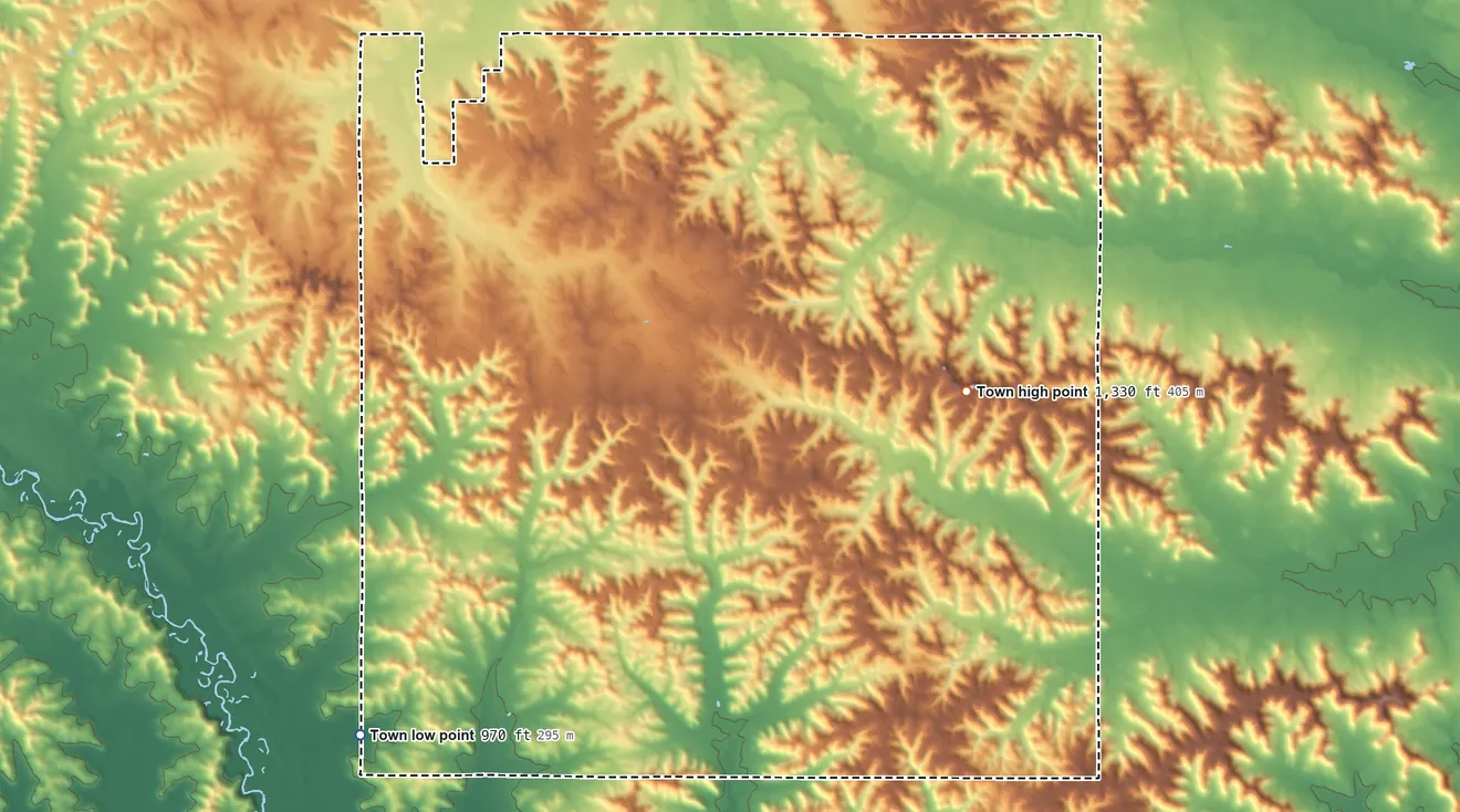 Topographic elevation map of Wilson, Dunn County, Wisconsin, shaded from 970 ft on the southwest side to 1,330 ft on the east side