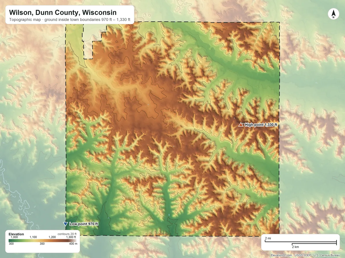 Topographic elevation map of Wilson, Dunn County, Wisconsin, shaded from 970 ft on the southwest side to 1,330 ft on the east side