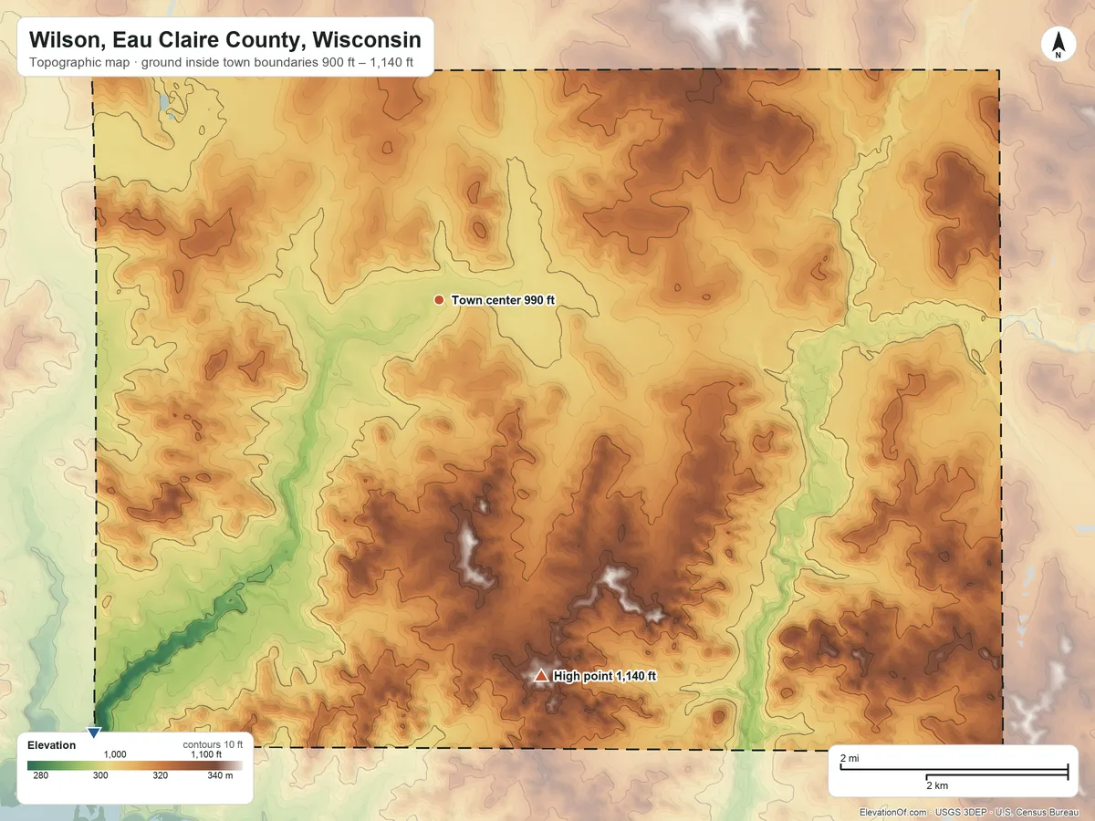 Topographic elevation map of Wilson, Eau Claire County, Wisconsin, shaded from 900 ft on the southwest side to 1,140 ft on the south side