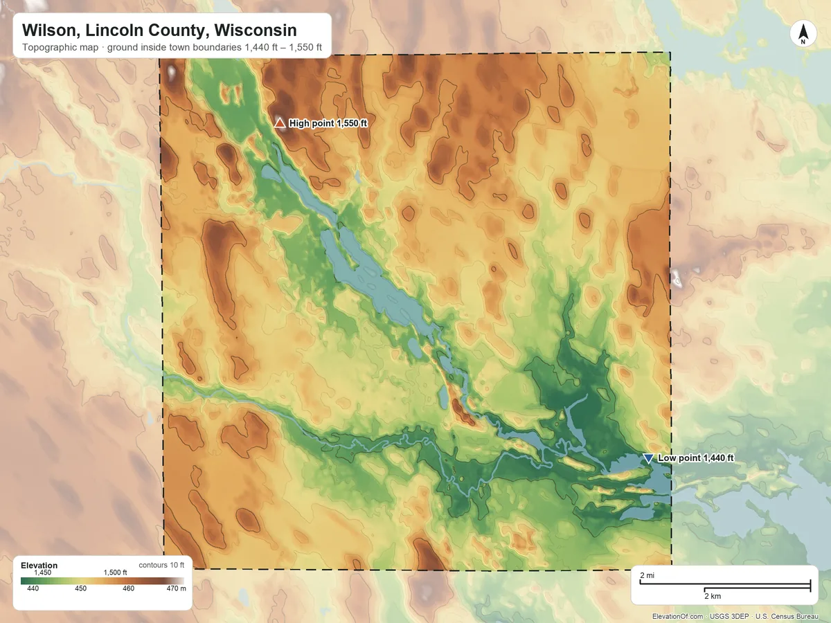 Topographic elevation map of Wilson, Lincoln County, Wisconsin, shaded from 1,440 ft on the southeast side to 1,550 ft on the northwest side