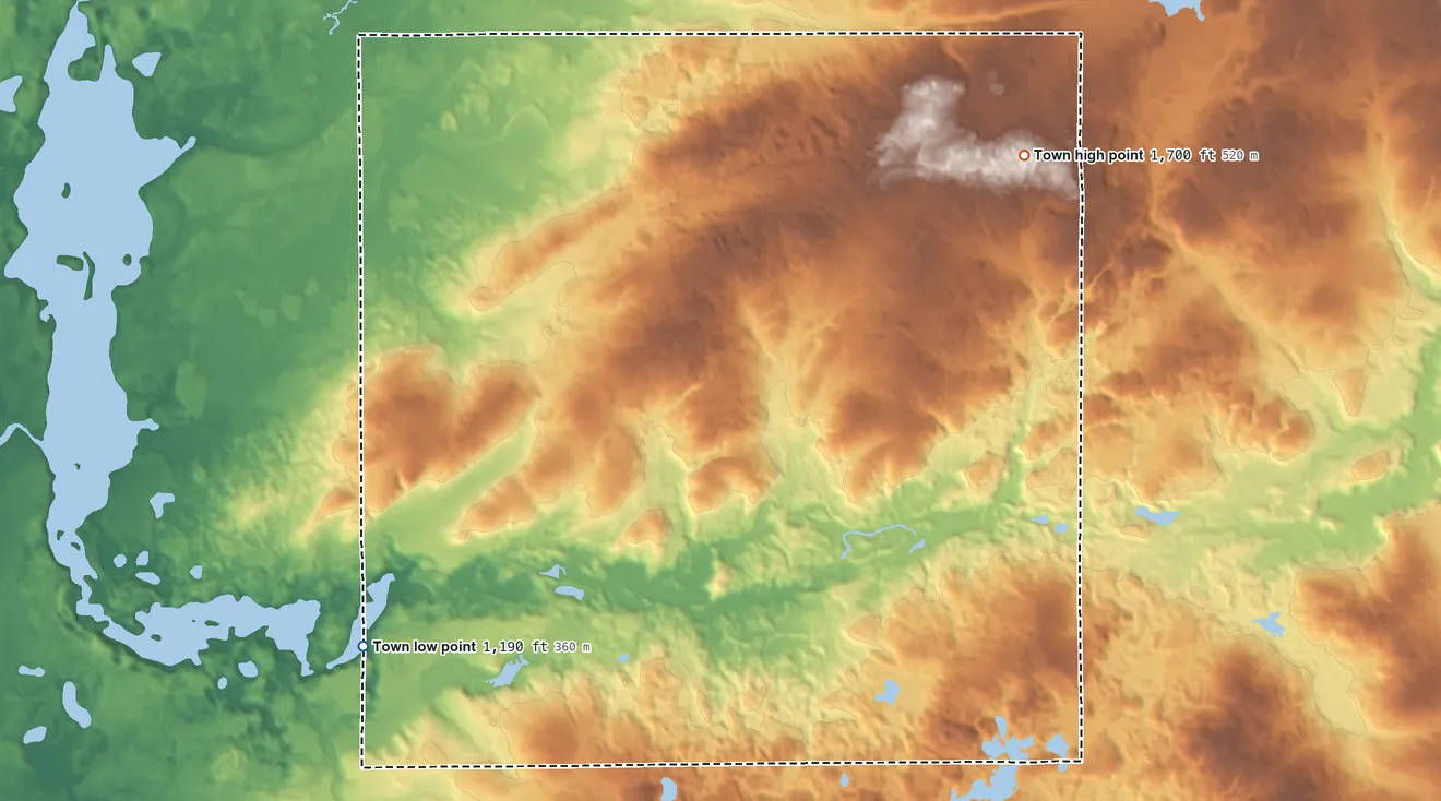 Topographic elevation map of Wilson, Rusk County, Wisconsin, shaded from 1,190 ft on the southwest side to 1,700 ft on the east side