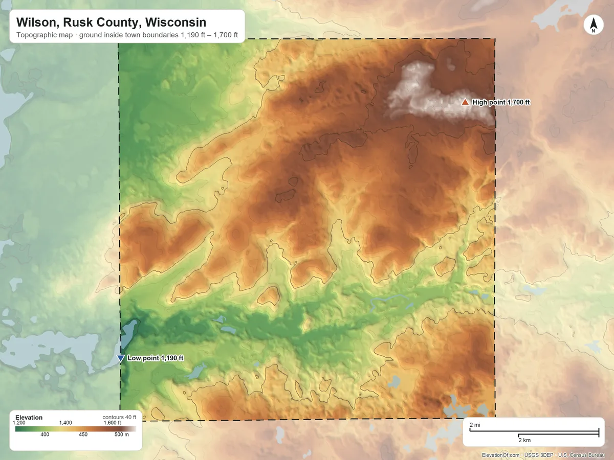 Topographic elevation map of Wilson, Rusk County, Wisconsin, shaded from 1,190 ft on the southwest side to 1,700 ft on the east side