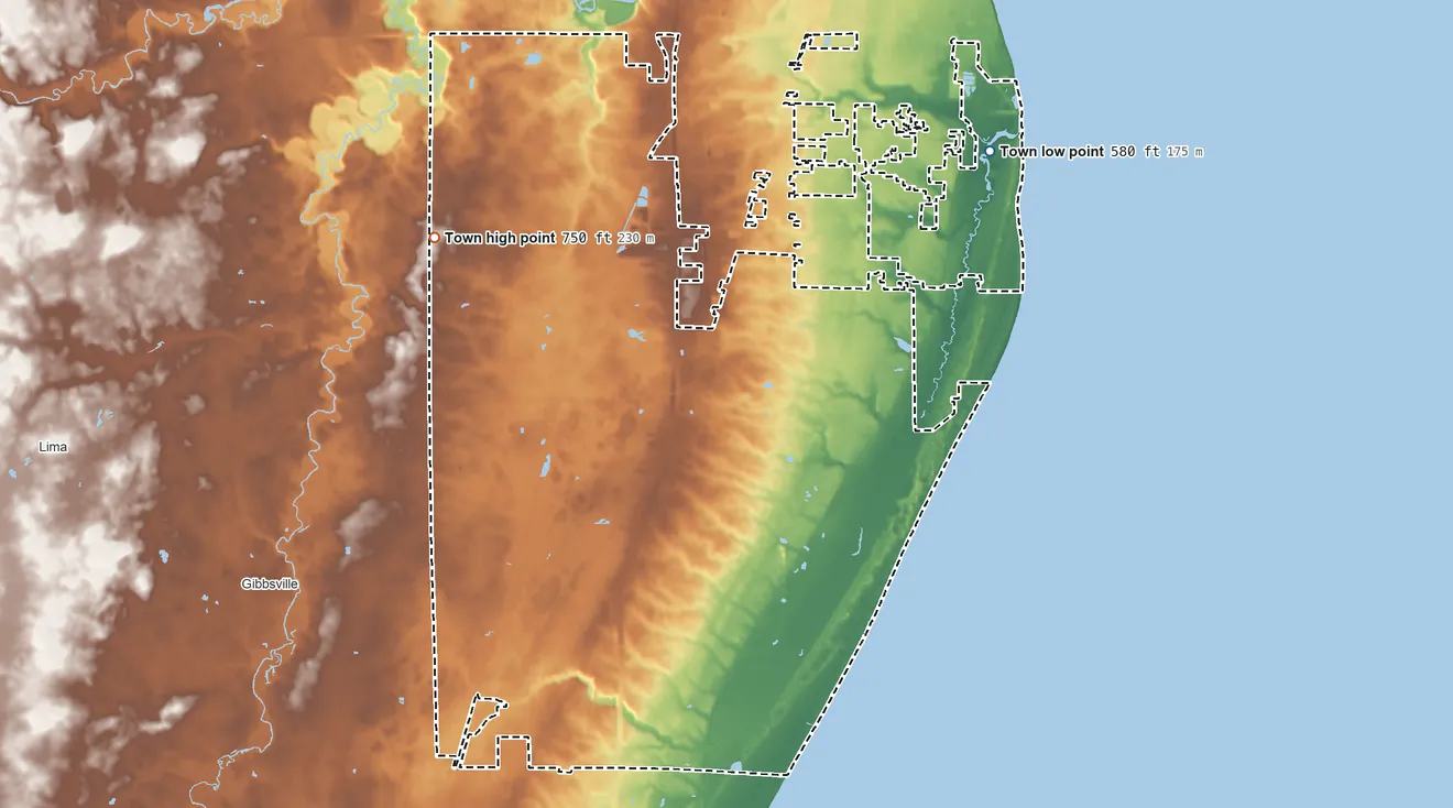 Topographic elevation map of Wilson, Wisconsin, shaded from 580 ft on the northeast side to 750 ft on the west side